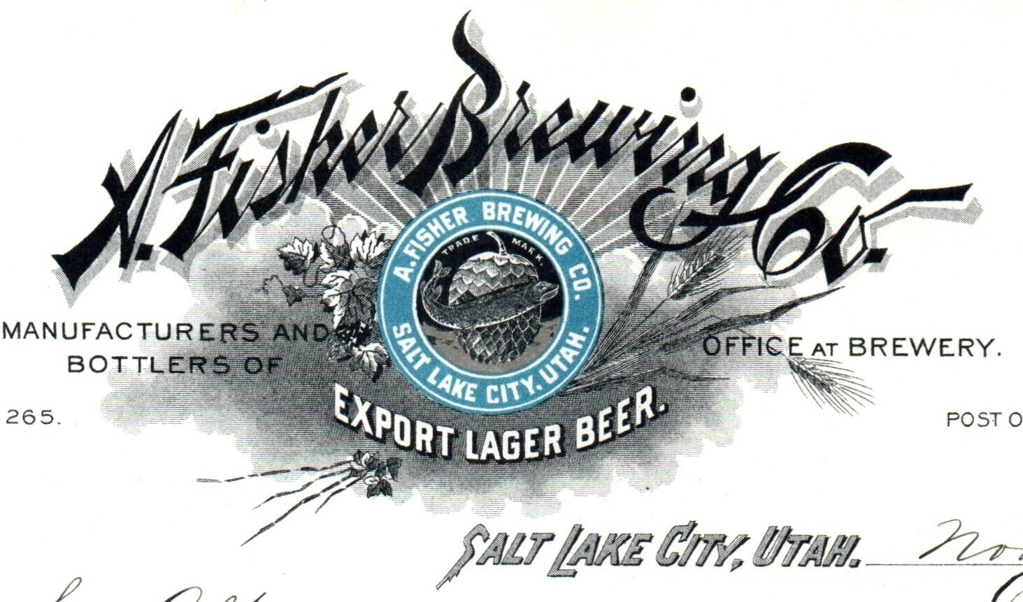 1892 A. Fisher Brewing Co. Breweriana Beer Salt Lake City, UT Billhead VV