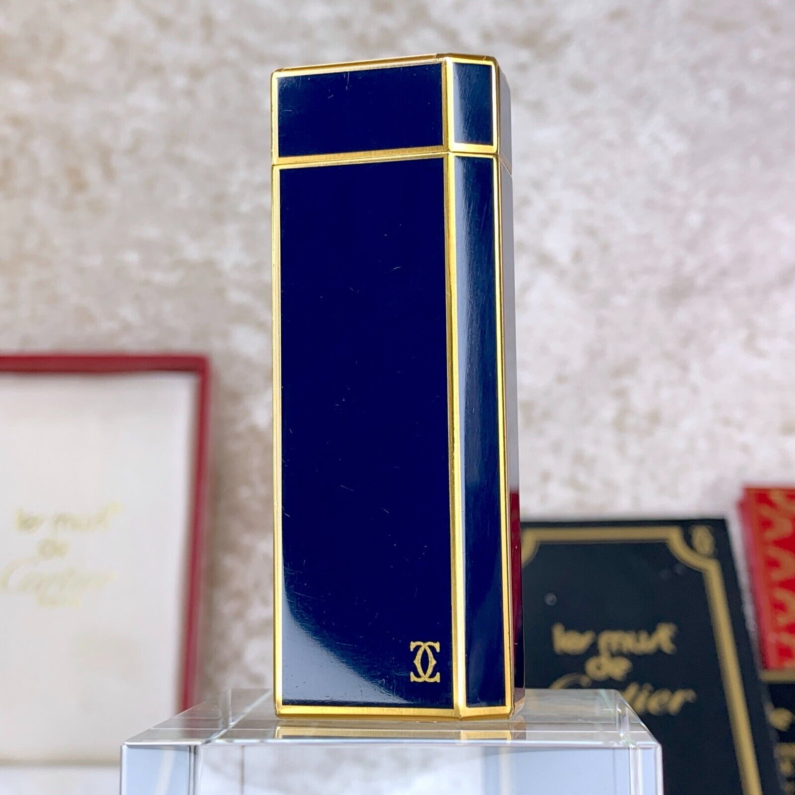 Vintage Cartier Lighter Rare Navy Lacquer Pentagon 18K Gold Finish w/Case & Card