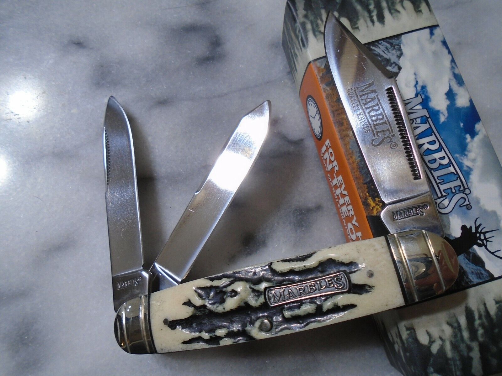 Marbles Black Stag Bone Cattleman Whittler 3 Blade Pocket Knife Folder MR473 New