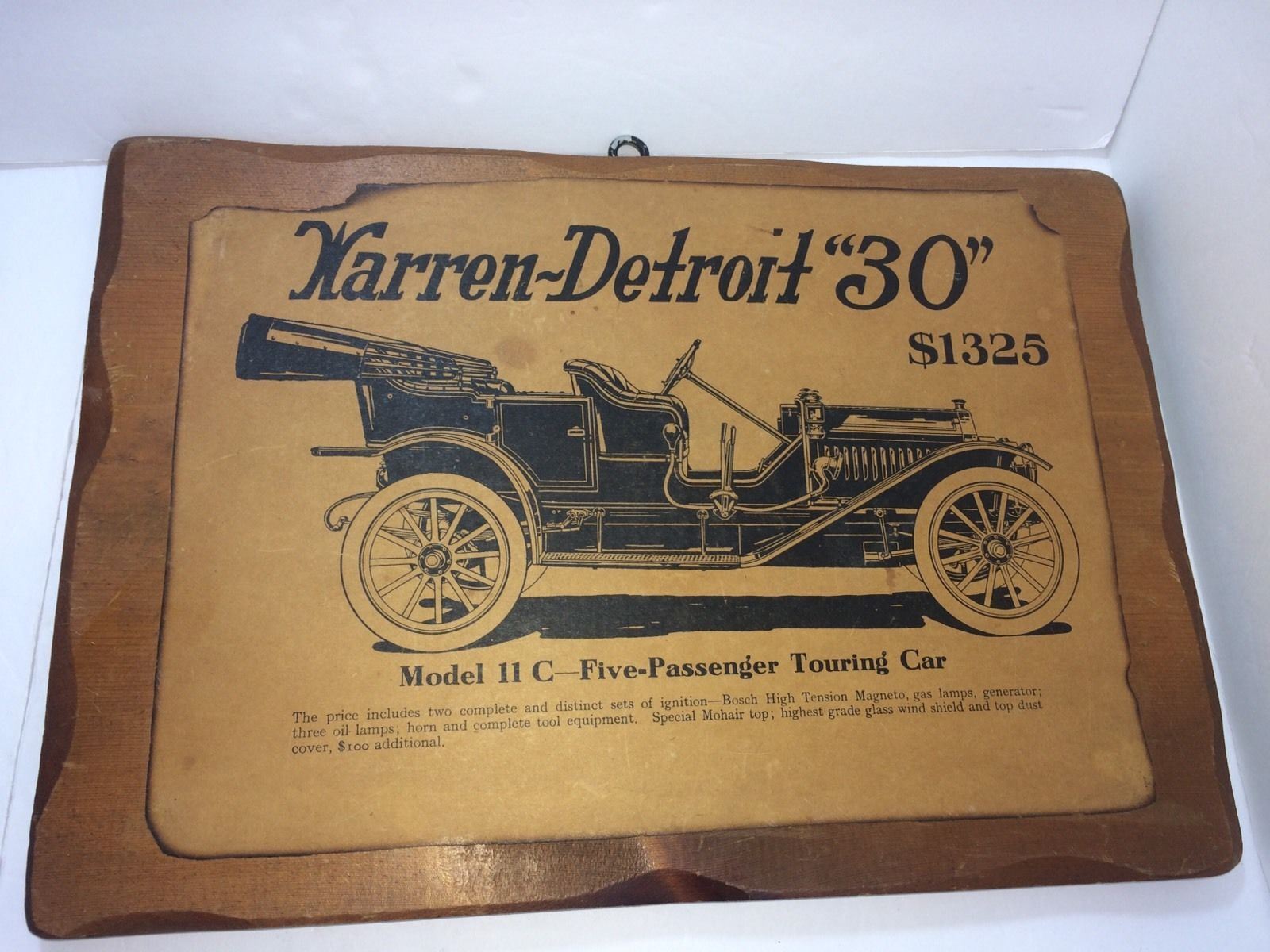 Vintage Warren Detroit 30 Model 11 C 5 Passenger Touring Car Wooden Wall Plaque