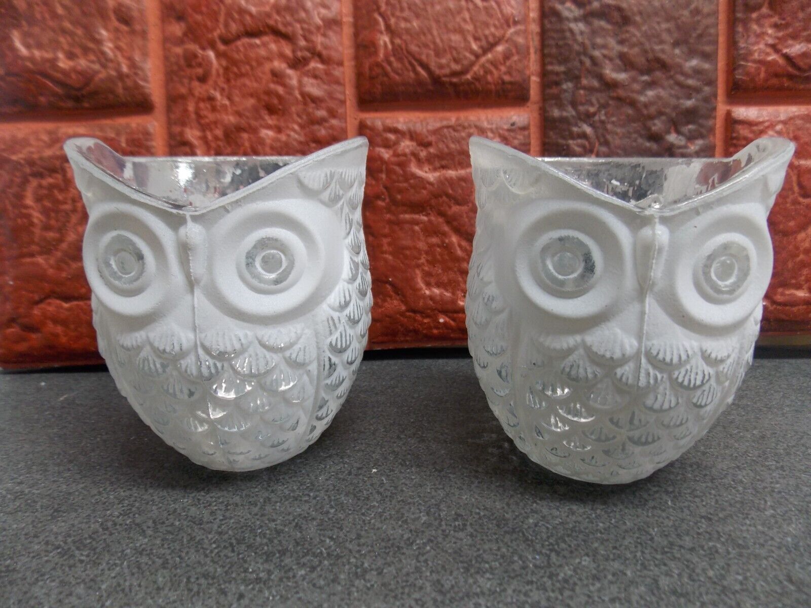 set of 2 white and silver owl jar size votive candle holders