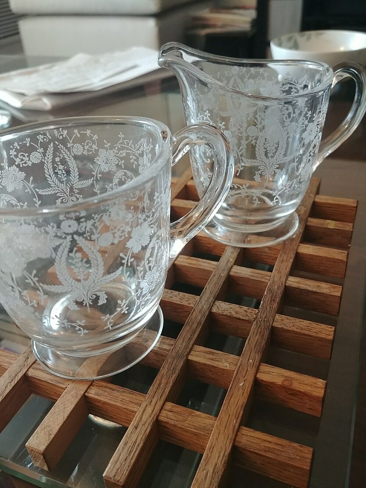 Viking PRELUDE Glass Etched Flower Creamer And Open Sugar Bowl
