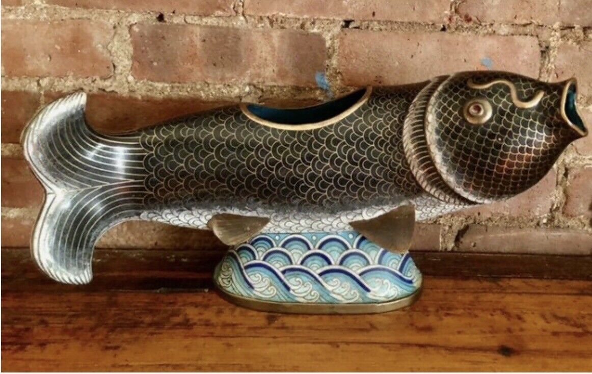 Fantastic Large Enamel Koi Carp Fish Chinese or Japanese Enamel 17”x 8.5”