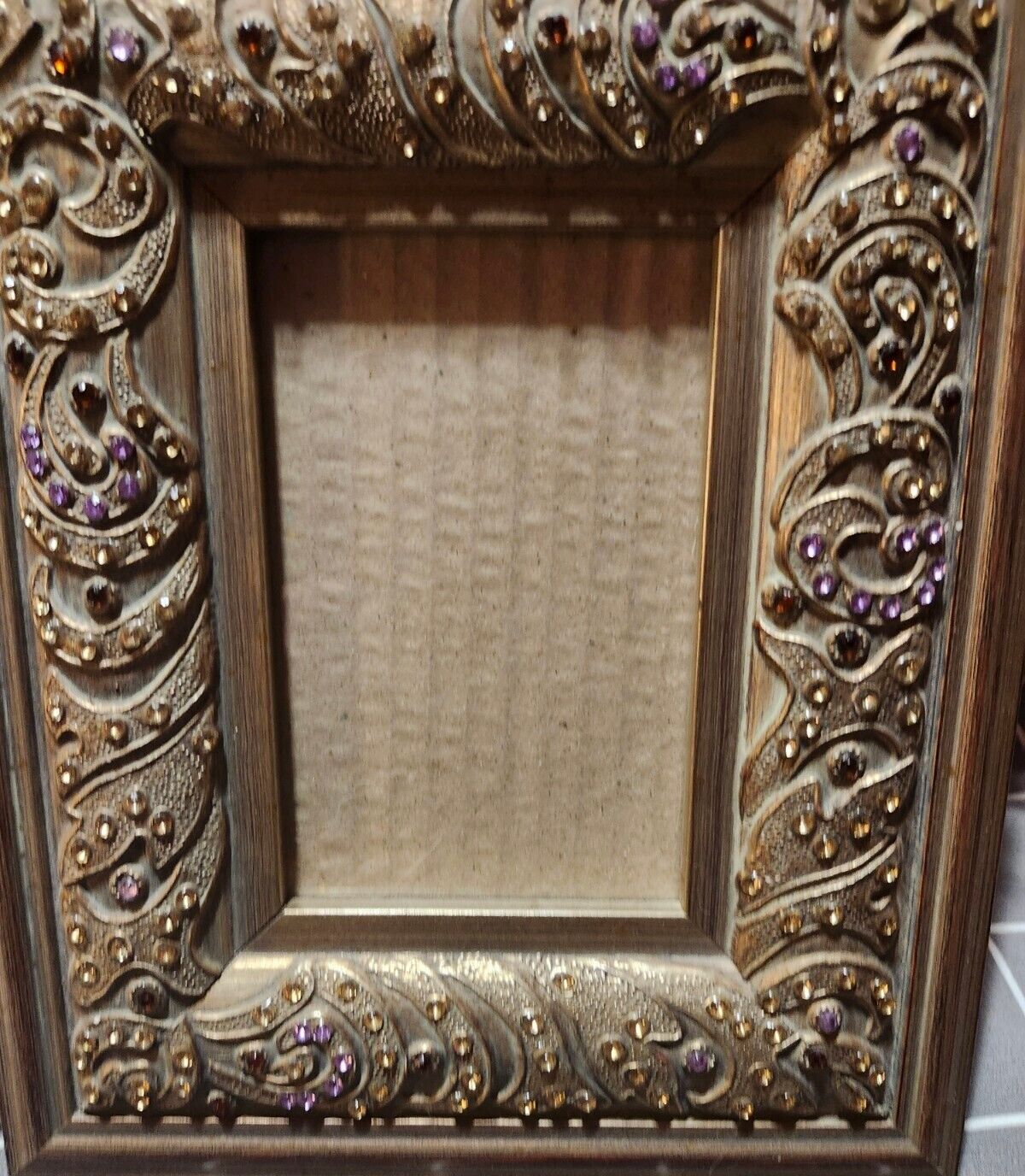 Vtg Ornate Jeweled 4x6 Frame - Freestanding 