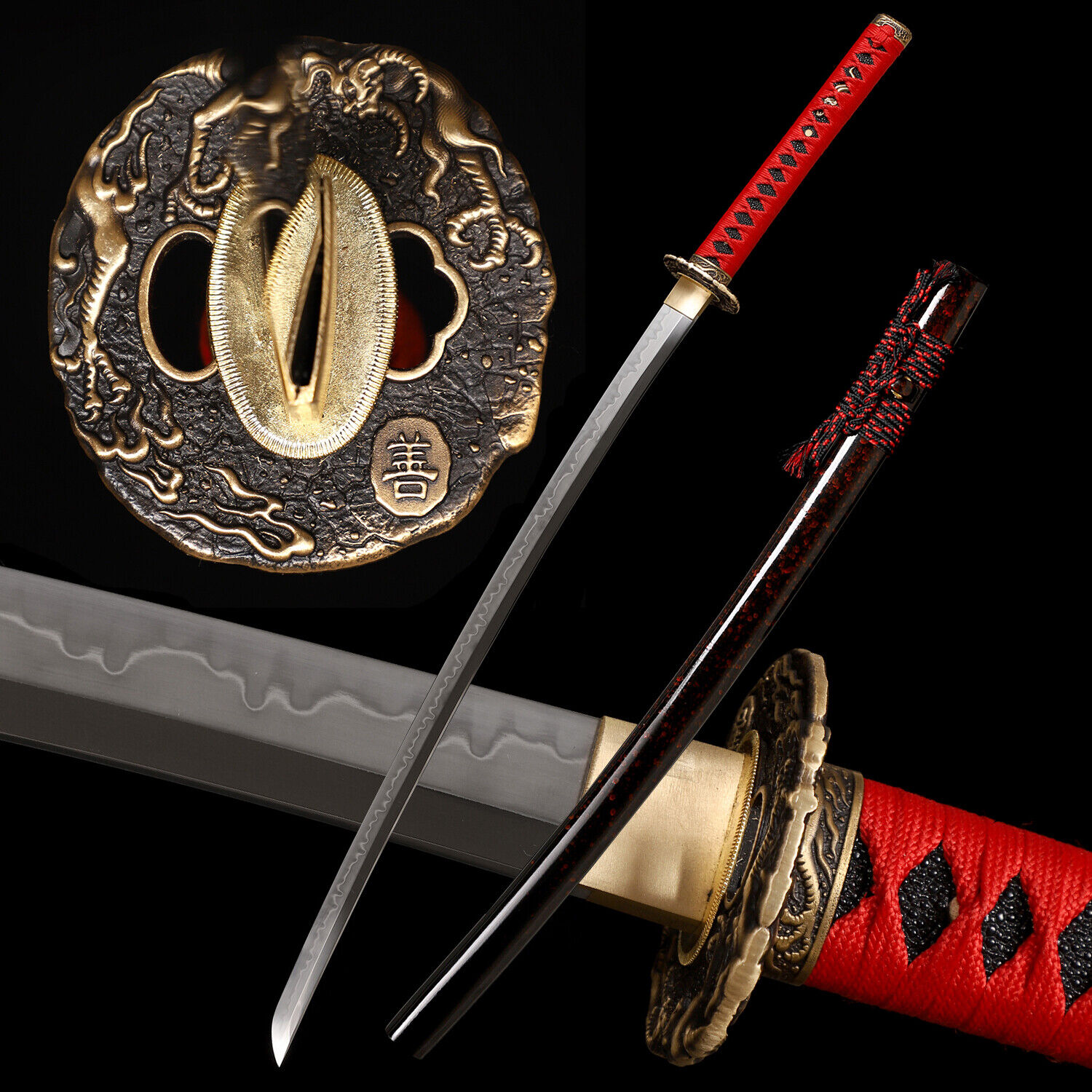 Real Choji Hamon Handmade Red Katana Sword Clay Tempered T10 Steel  Razor Sharp