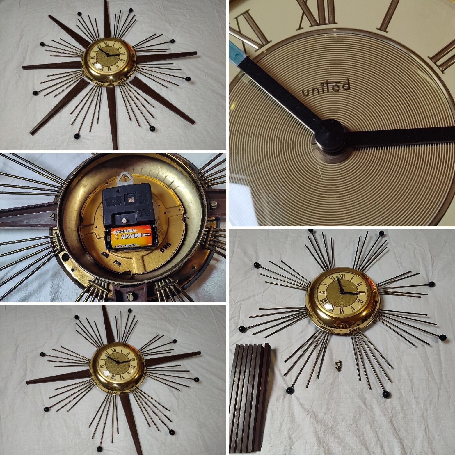 Vintage Mid Century Modern Starburst Sunburst Wall Clock United Corp 60s, *AS IS