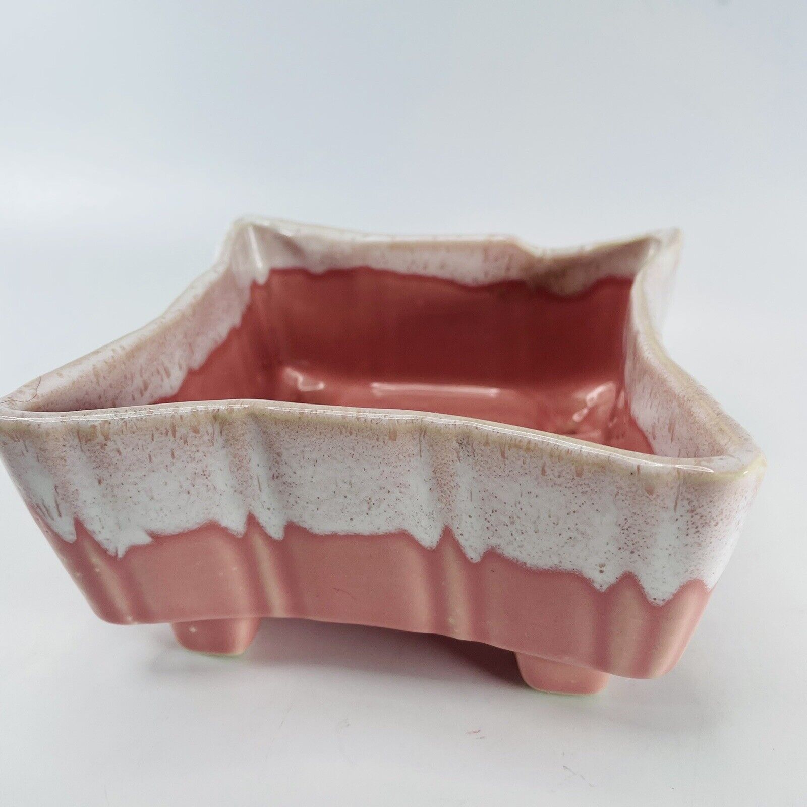 Drip Glaze Square Ceramic Planter Vintage Pink and White MCM Mid Century