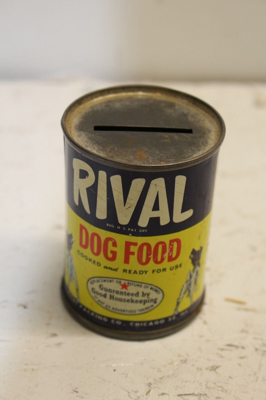 RIVAL DOG FOOD Bank Tin Metal Coin Can Chicago Illinois 2 3/4\