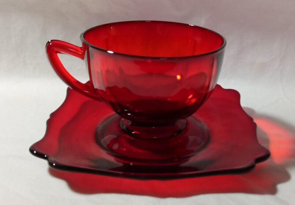 Vintage New Martinsville Co. Ruby Red Glass Footed Tea Cup & Saucer  Beautiful