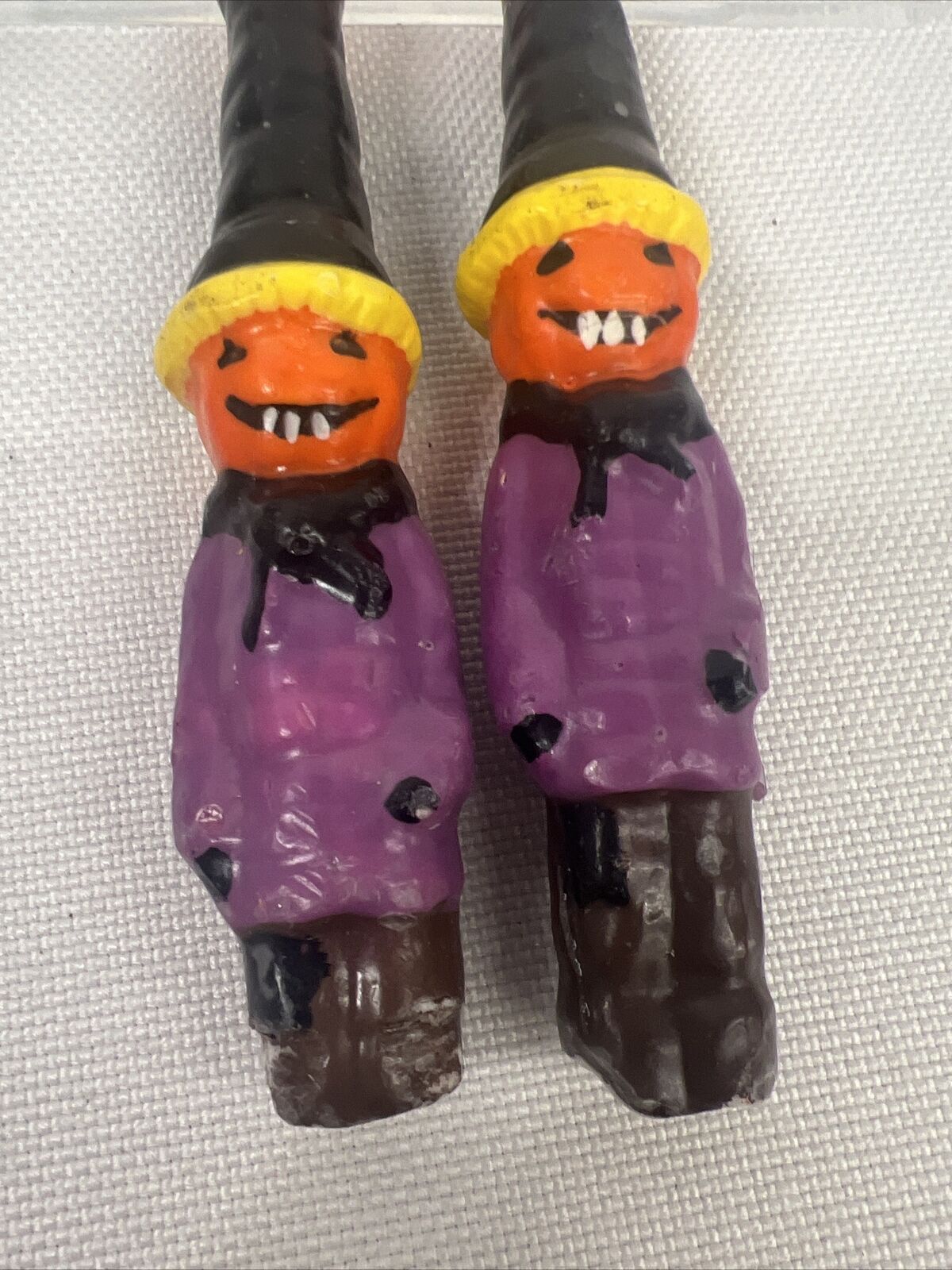 Vintage Halloween taper candles Jack-o-lantern with flame hat carved purple