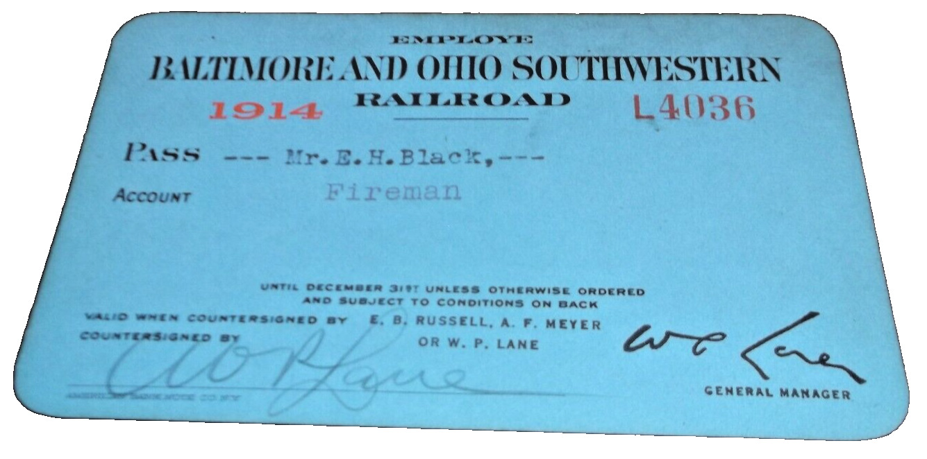 1914 BALTIMORE & OHIO SOUTHWESTERN RAILROAD EMPLOYEE PASS #4036