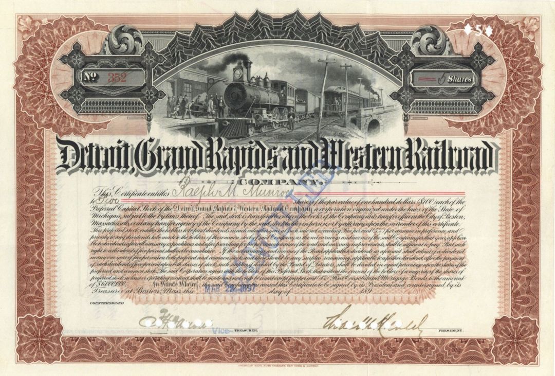 Detroit Grand Rapids and Western Railroad Co. - Stock Certificate - Railroad Sto