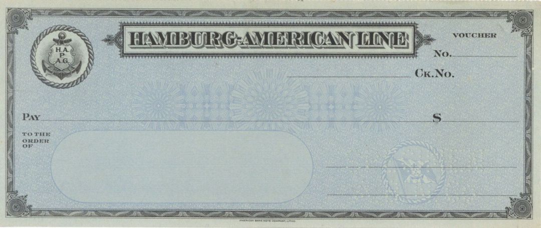 Hamburg-American Line - American Bank Note Company Specimen Checks - American Ba