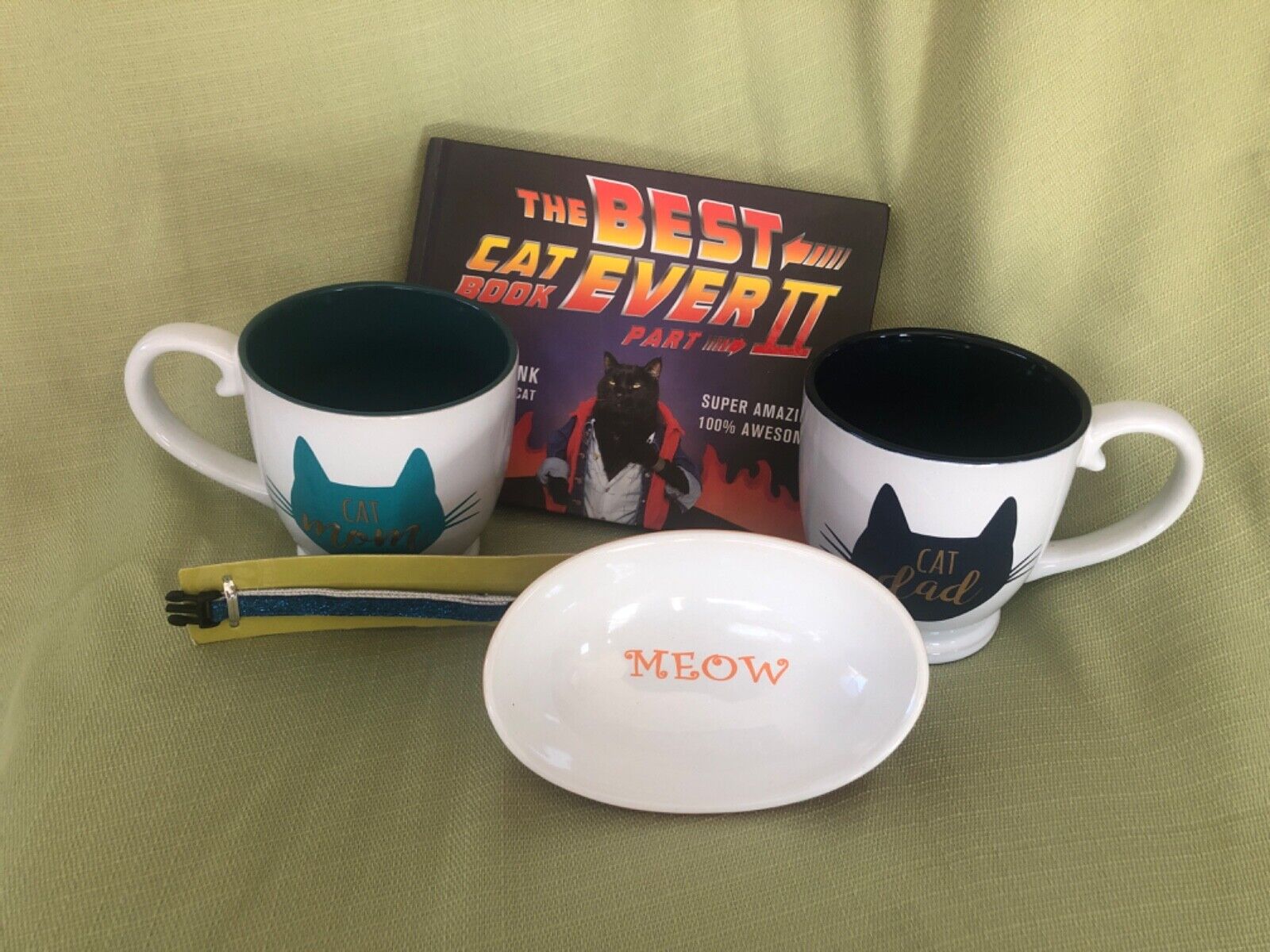 cat lover gift set - mugs, collar, book, and dish