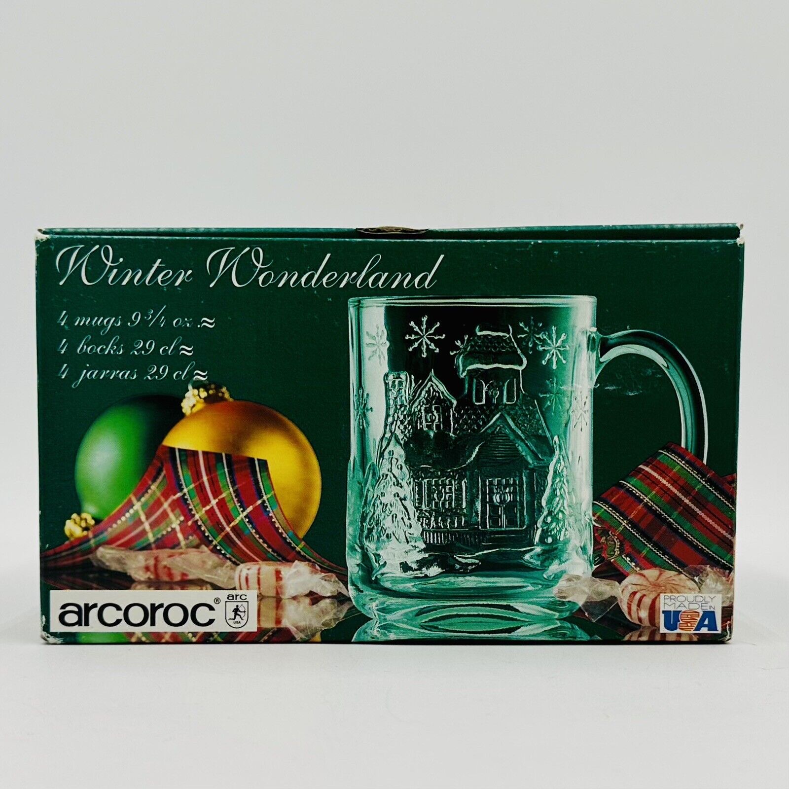 Vintage Arcoroc France Winter Wonderland Christmas Glass Mugs (4) USA