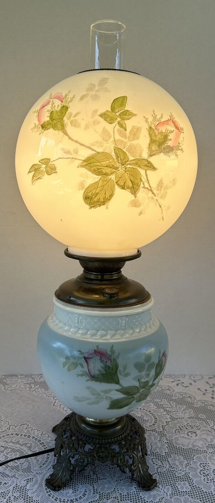 Antique GWTW Parlor Lamp Electrified Pittsburg Success Blue Hand Painted Roses