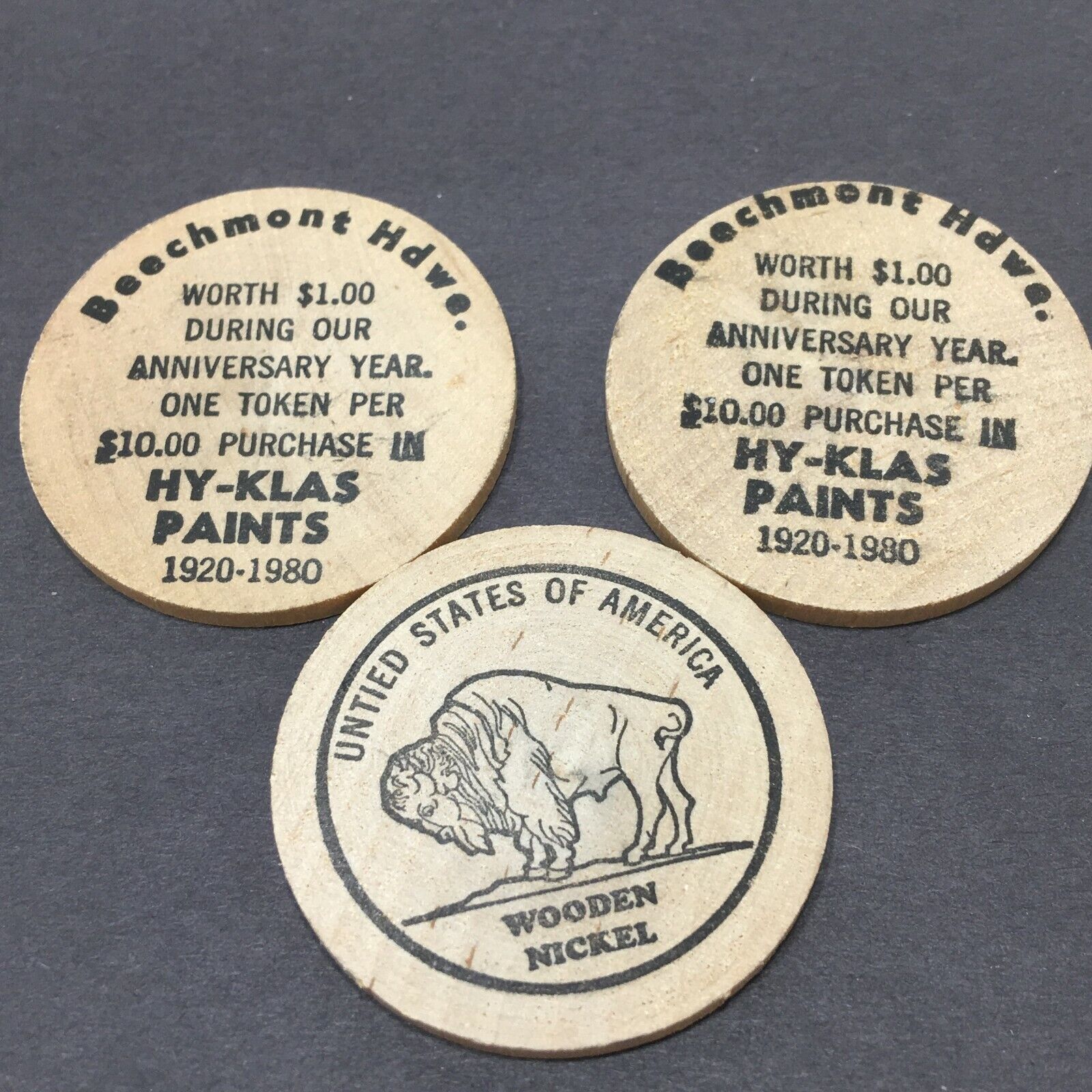 Lot of 3 Vtg Adv Hy-Klas Paints USA Wooden Nickel Token Buffalo Beechmont Hdwe