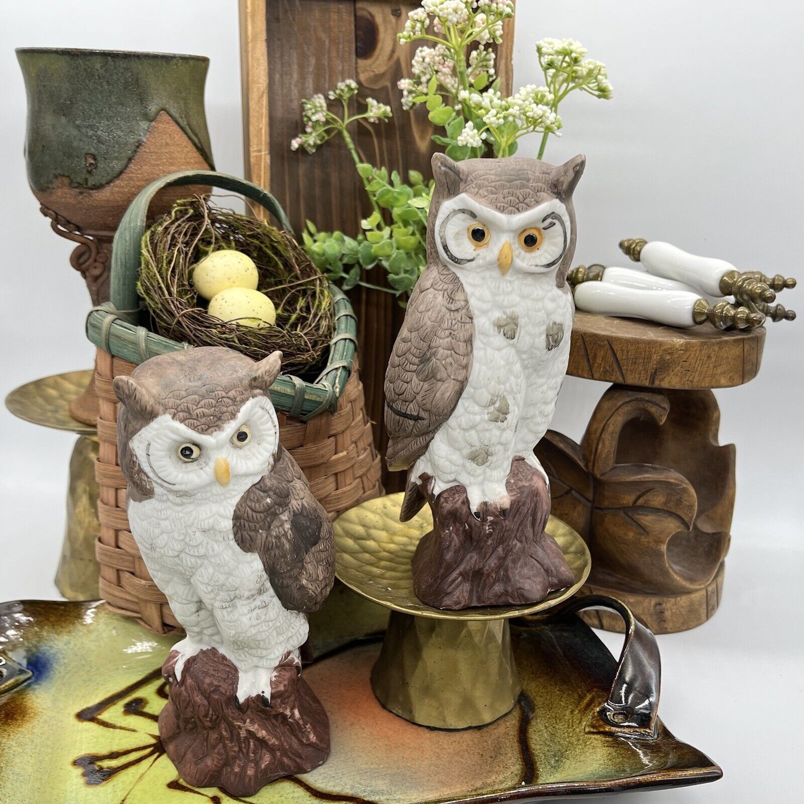 Pair of vintage bisque porcelain realistic woodland owls spots white brown #304