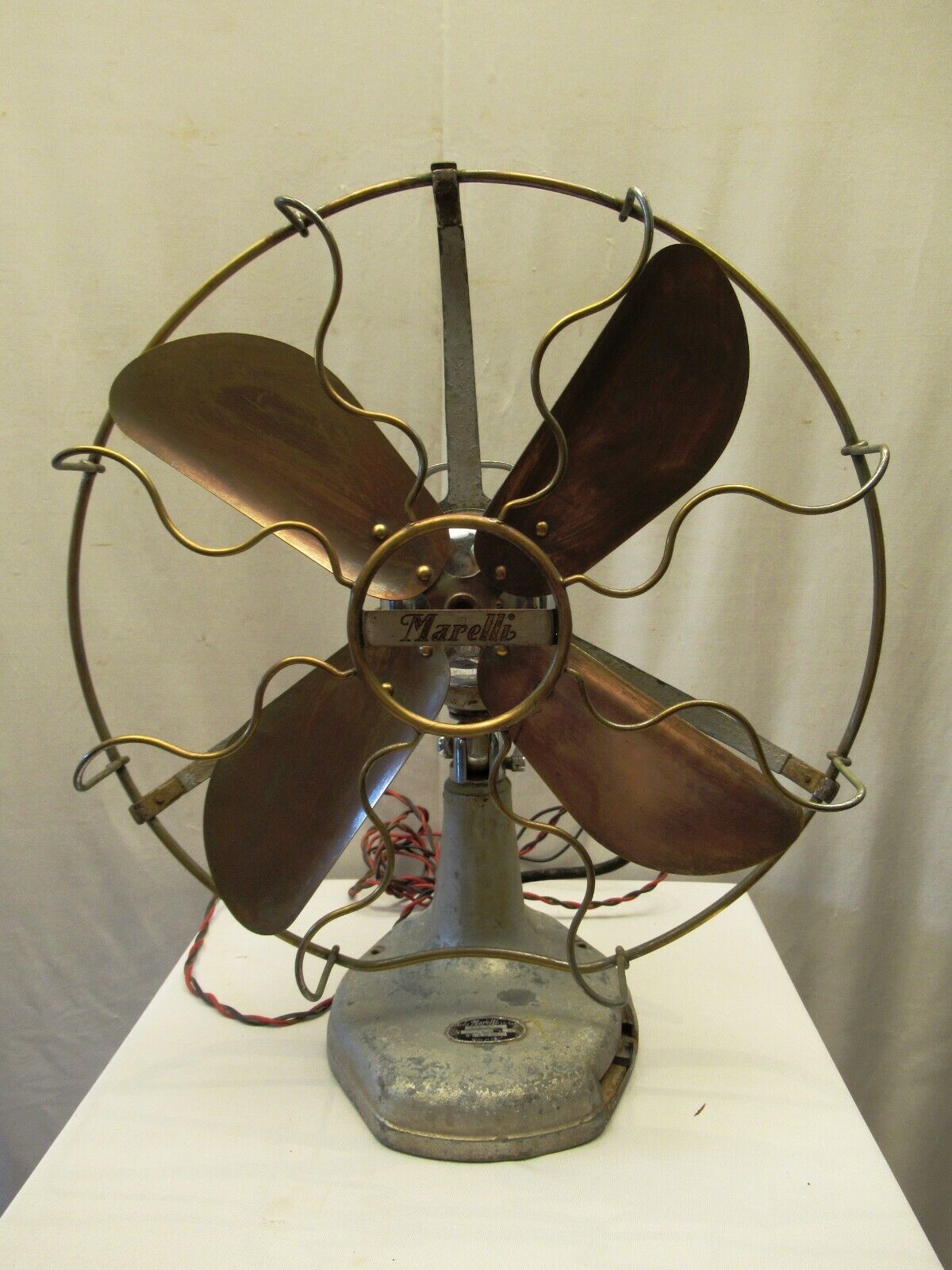 Antique Ecrole Marelli Table Fan Oscillating With  Wrought Brass Blades Italy *