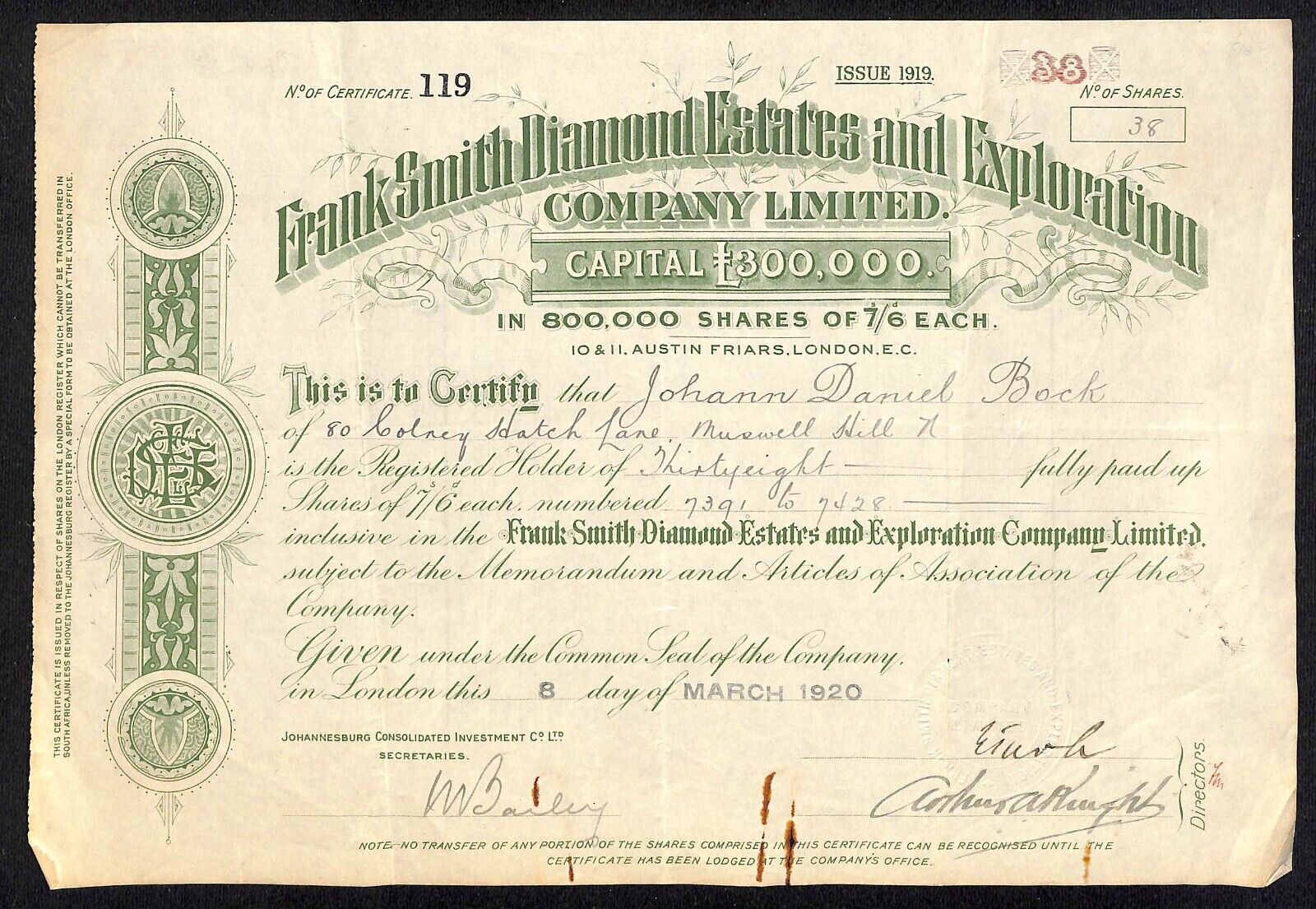 Frank Smith Diamond Estates and Exploration 1920 Stock Certificate South Africa