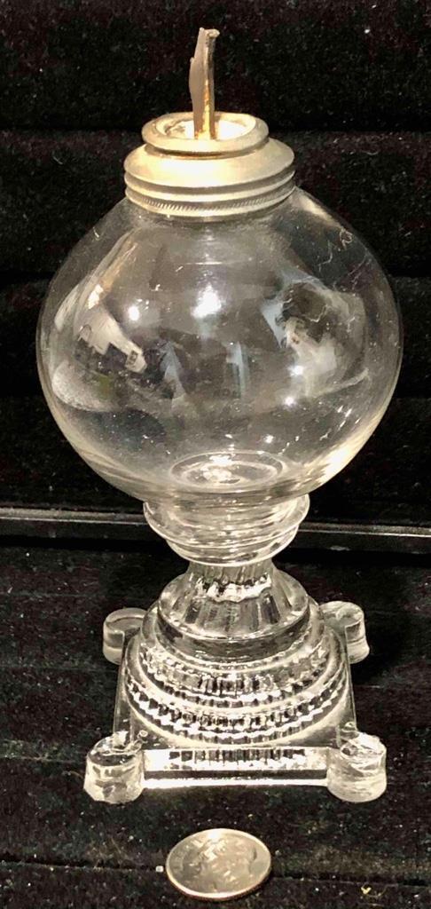 Antique Sandwich Glass Miniature Free-Blown Whale Oil Sparking Lamp, c. 1828