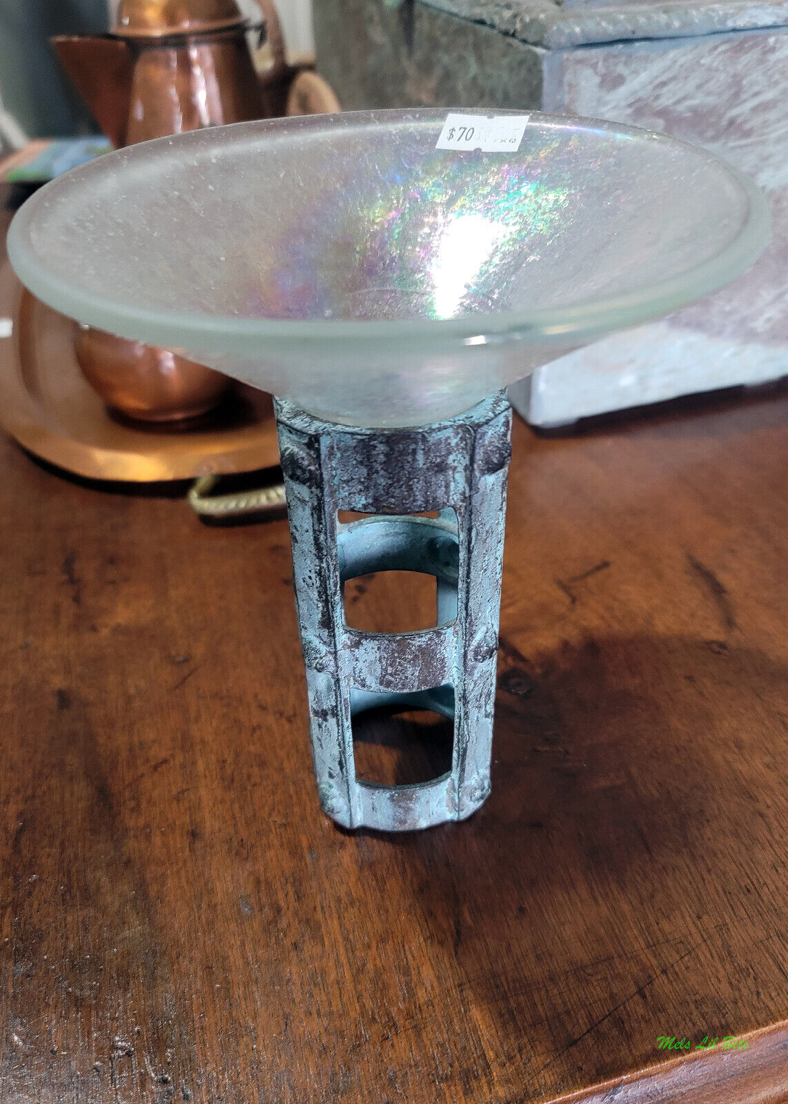 Vintage 1990s Post Modern Verdigris Metal & Pearl Glass Candle Holder Trinket Di