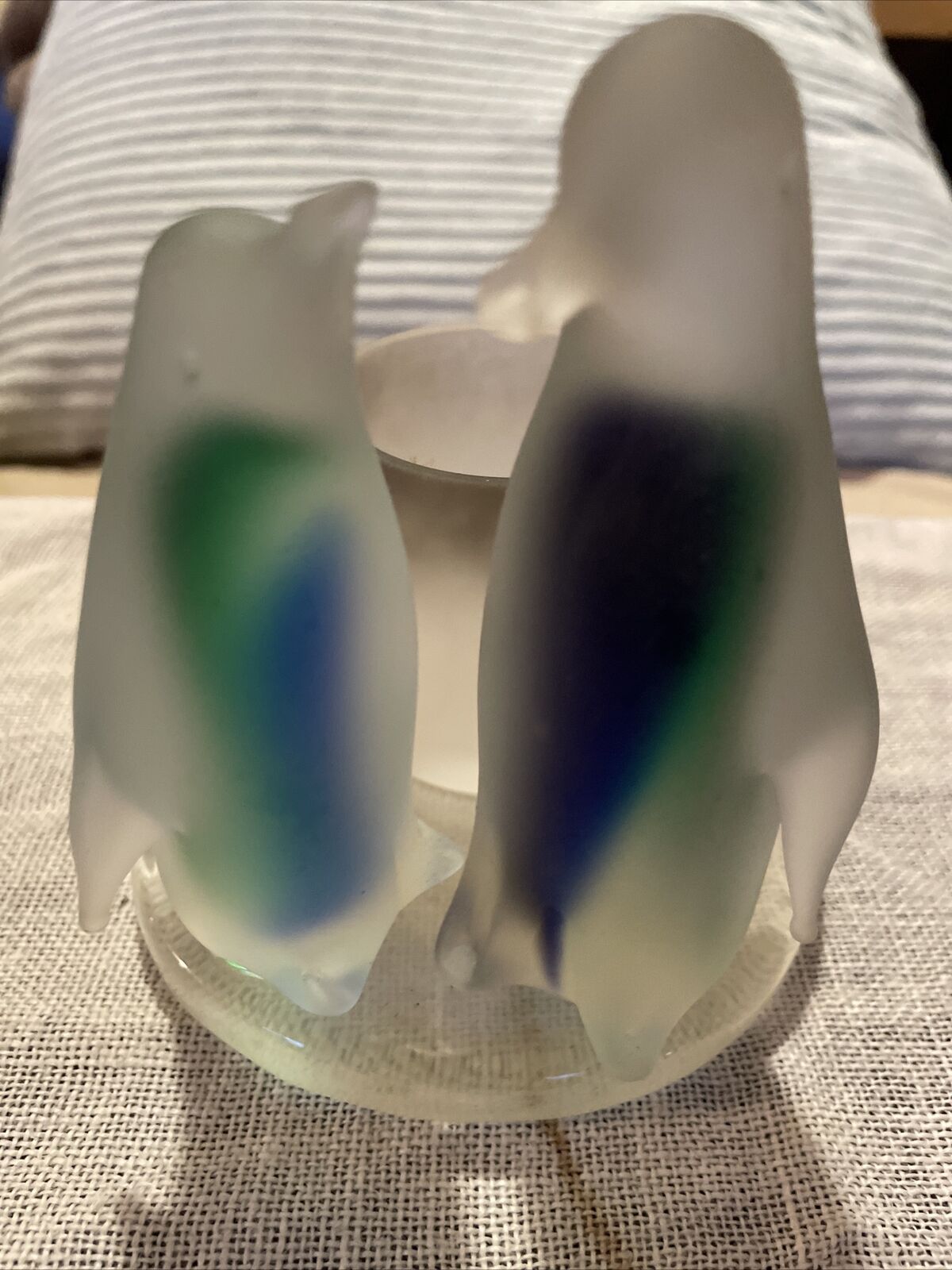 PARTYLITE Frosted Glass PENGUIN VOTIVE CANDLE HOLDER Blue Green 5\