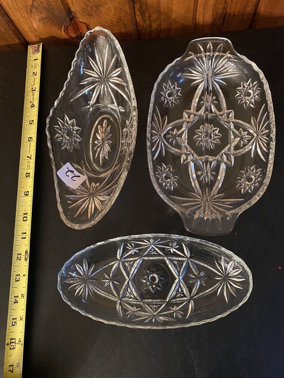 3 Vtg Anchor Hocking EAPC Star of David Oval Relish Dishes Clear Pressed Glass