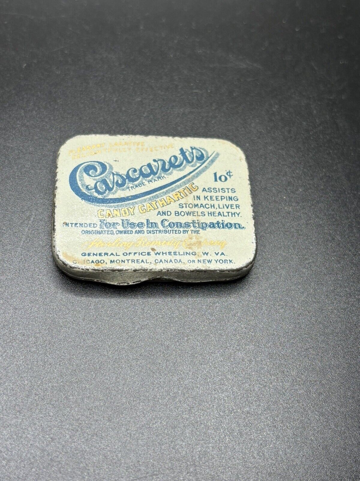 EARLY CASCARETS CANDY CATHARTIC EMPTY  CONSTIPATION TIN WHEELING WEST VIRGINIA 