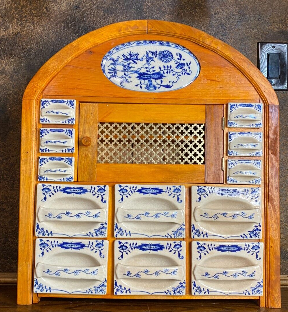 Antique Dutch Delft Wood & Porcelain Kitchen Spice Rack Cabinet w drawers