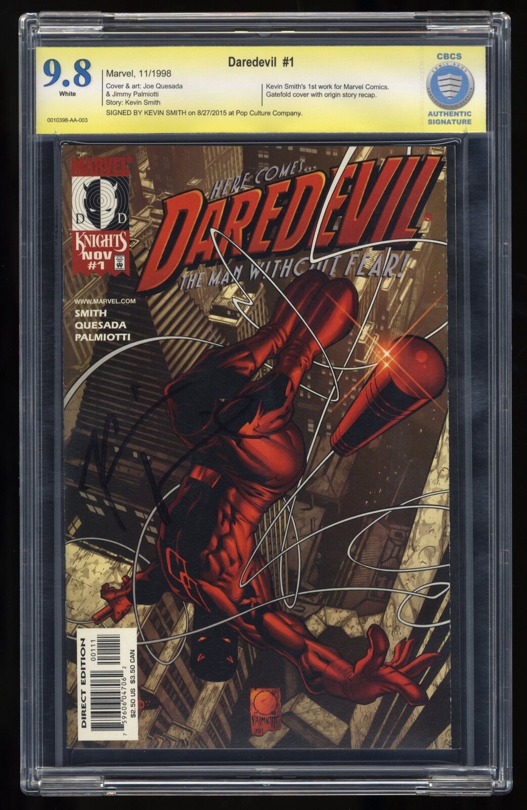 Daredevil (1998) #1 CBCS NM/M 9.8 White Pages Verified Signed Kevin Smith