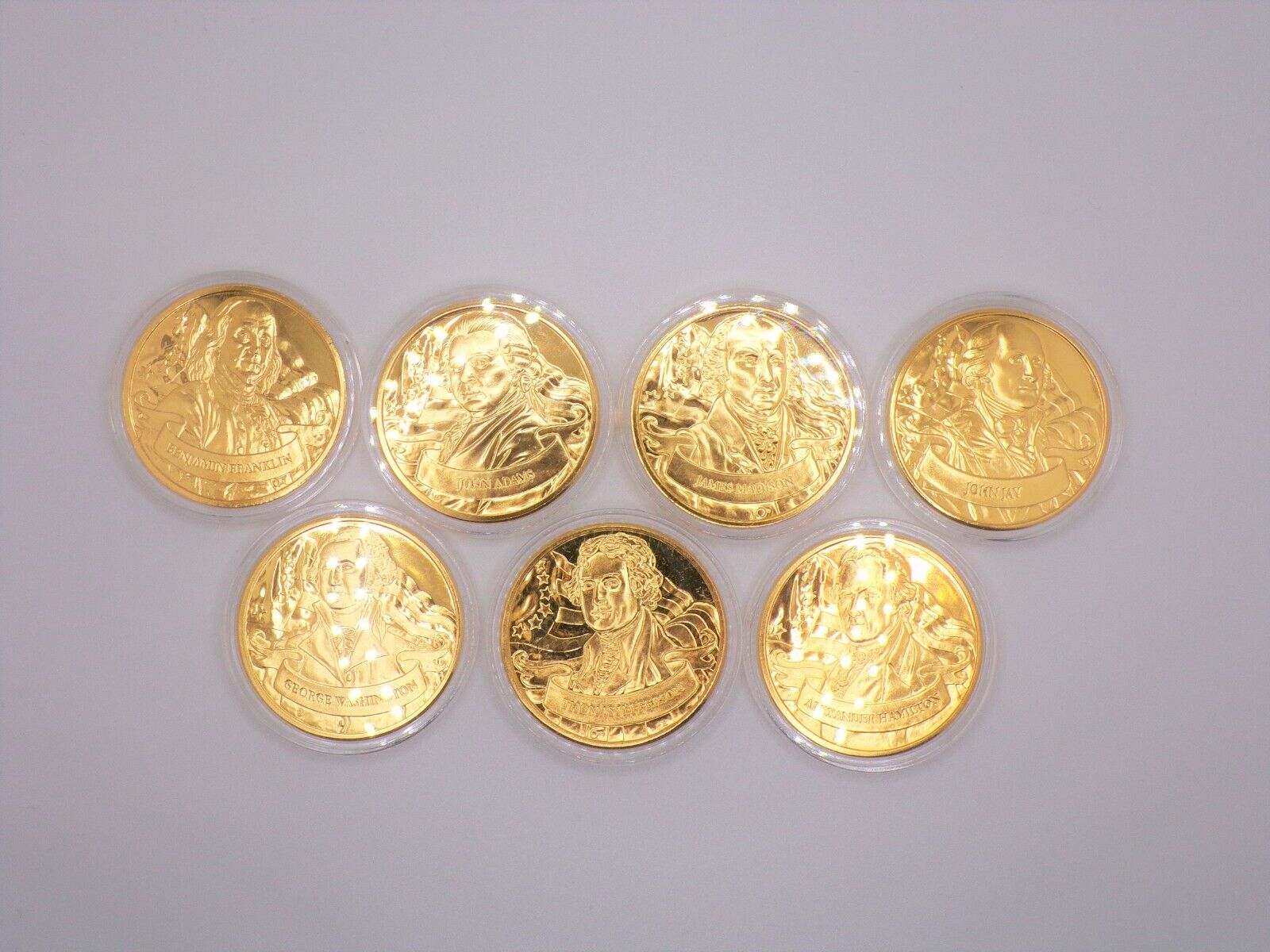Set of 7: Founding Fathers Gold Plated Medallions 