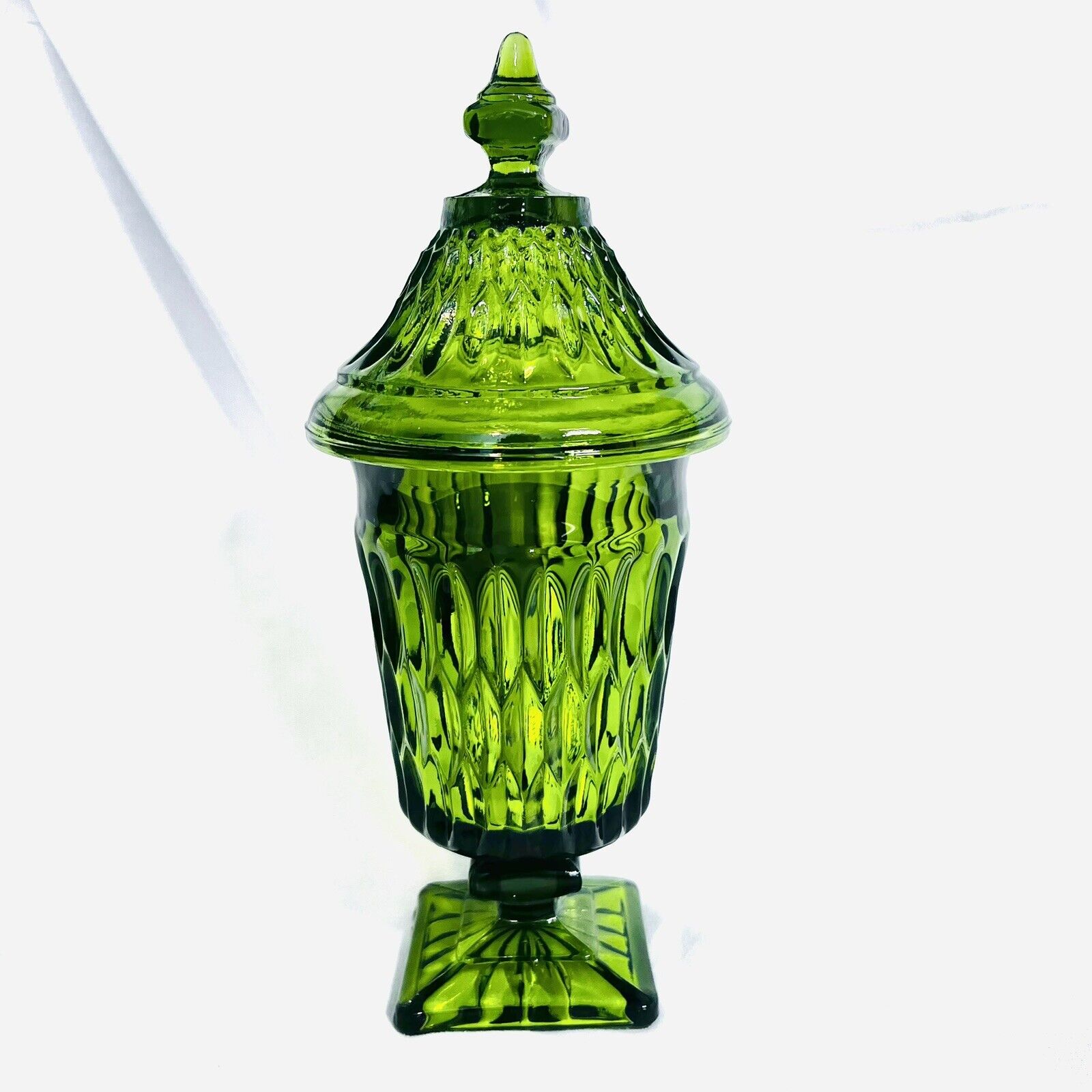 Vintage Indiana Glass Green Candy Dish Pedestal Lidded Compote Diamond Point