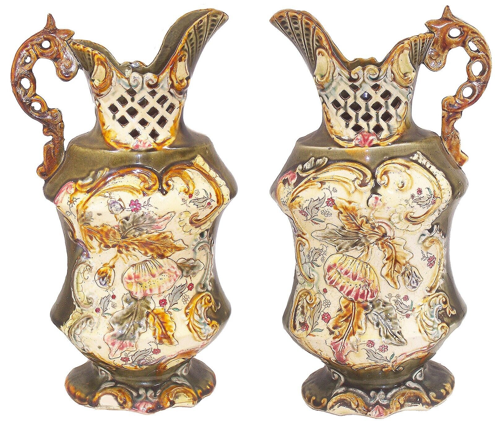 Pair of Antique Art Nouveau Bohemian Majolica Pitcher Vases, 13” High