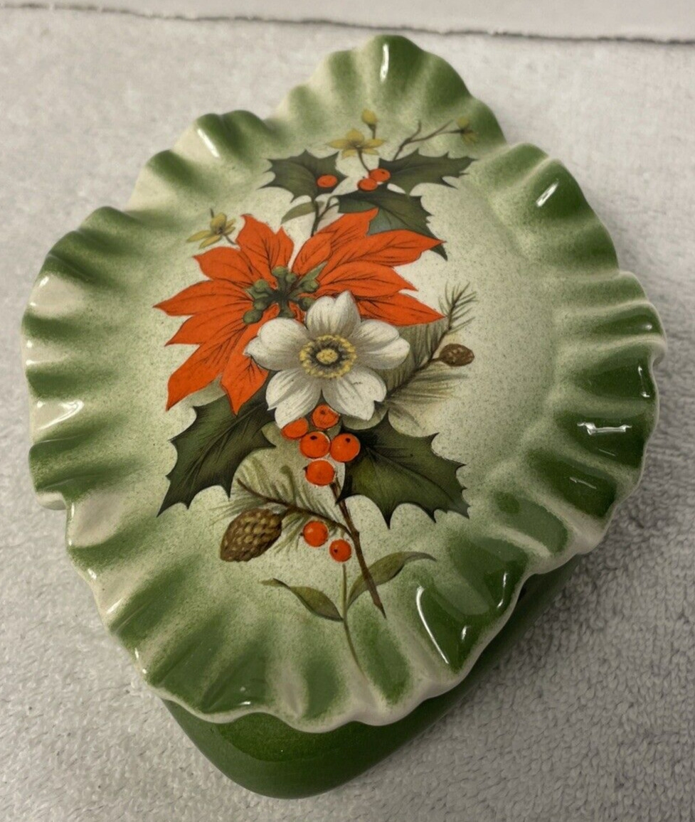 Vintage J.Rae Gifts Custom Ceramics Green Floral Trinket Signed 6 x 5 x 2
