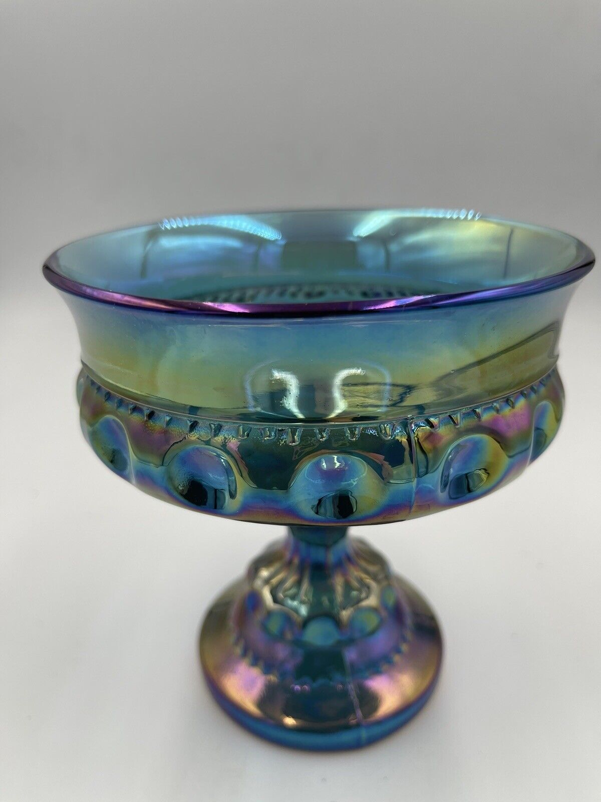 Iridiscent Blue Kings Crown Carnival Glass Pedestal Thumb Print Compote Dish VTG
