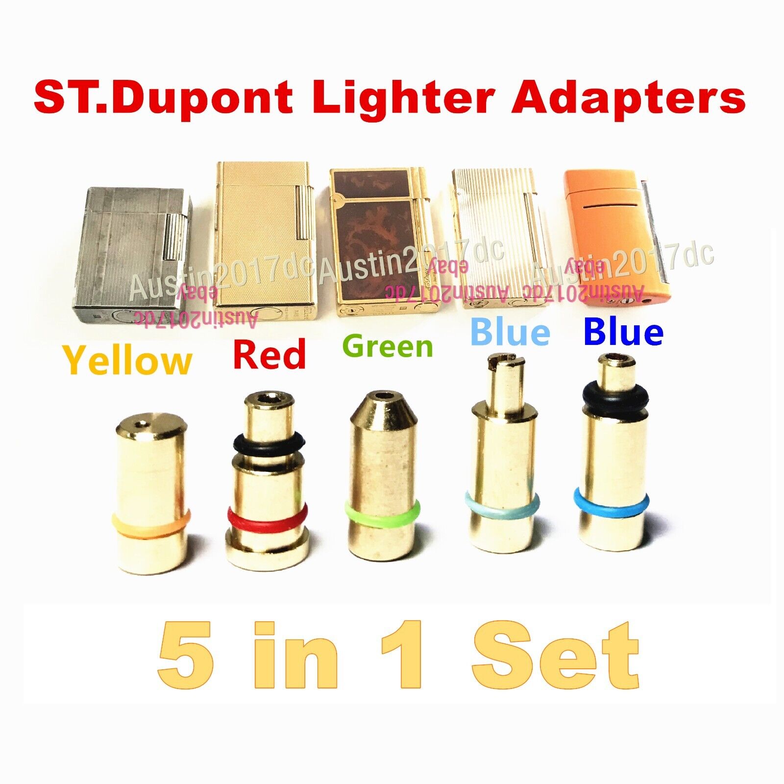 Dupont Lighter Gas Refill Adapters 5 in 1 set Yellow/Red/Green/blue Caps