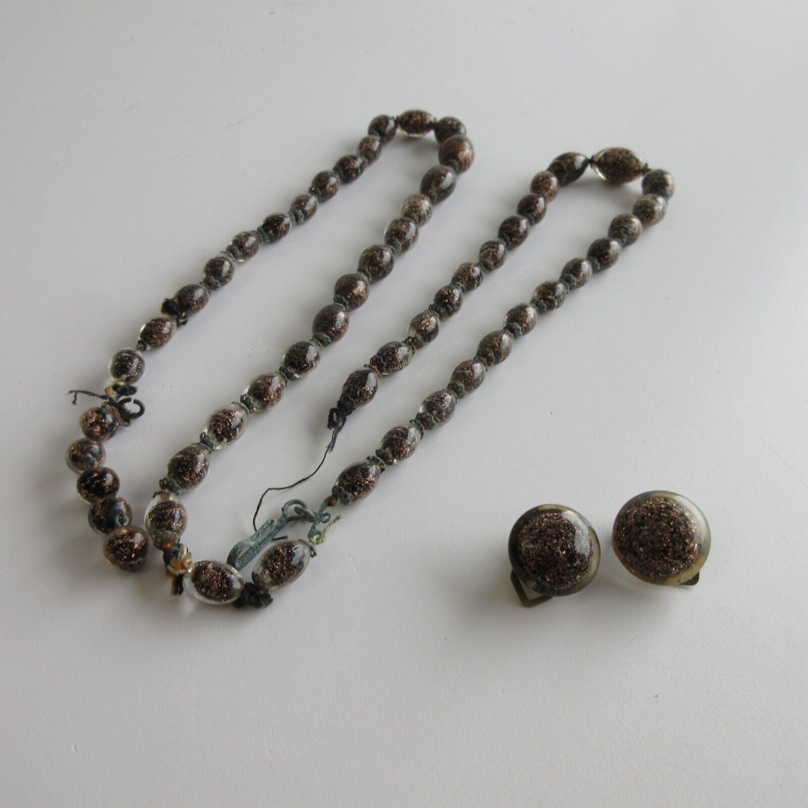 Antique Venetian old glass beads black fancy aventurine? Copper beads Italy