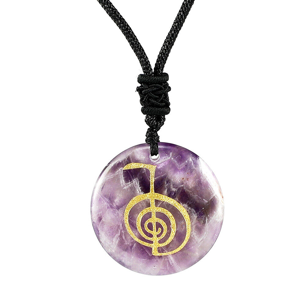 Natural Crystal Cho Ku Rei Quartz Necklace Stone Aura Symbol Round Pendant Reiki