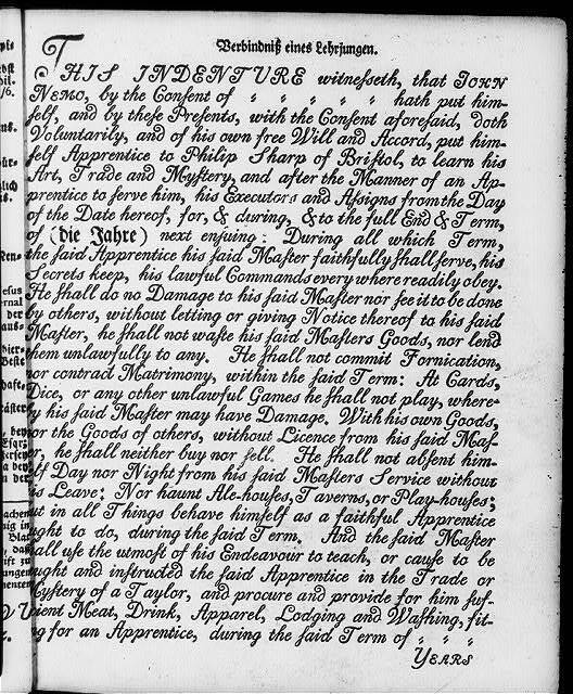 Photo:Verbindnis eines Lehrjungen,indentured servitude,1776