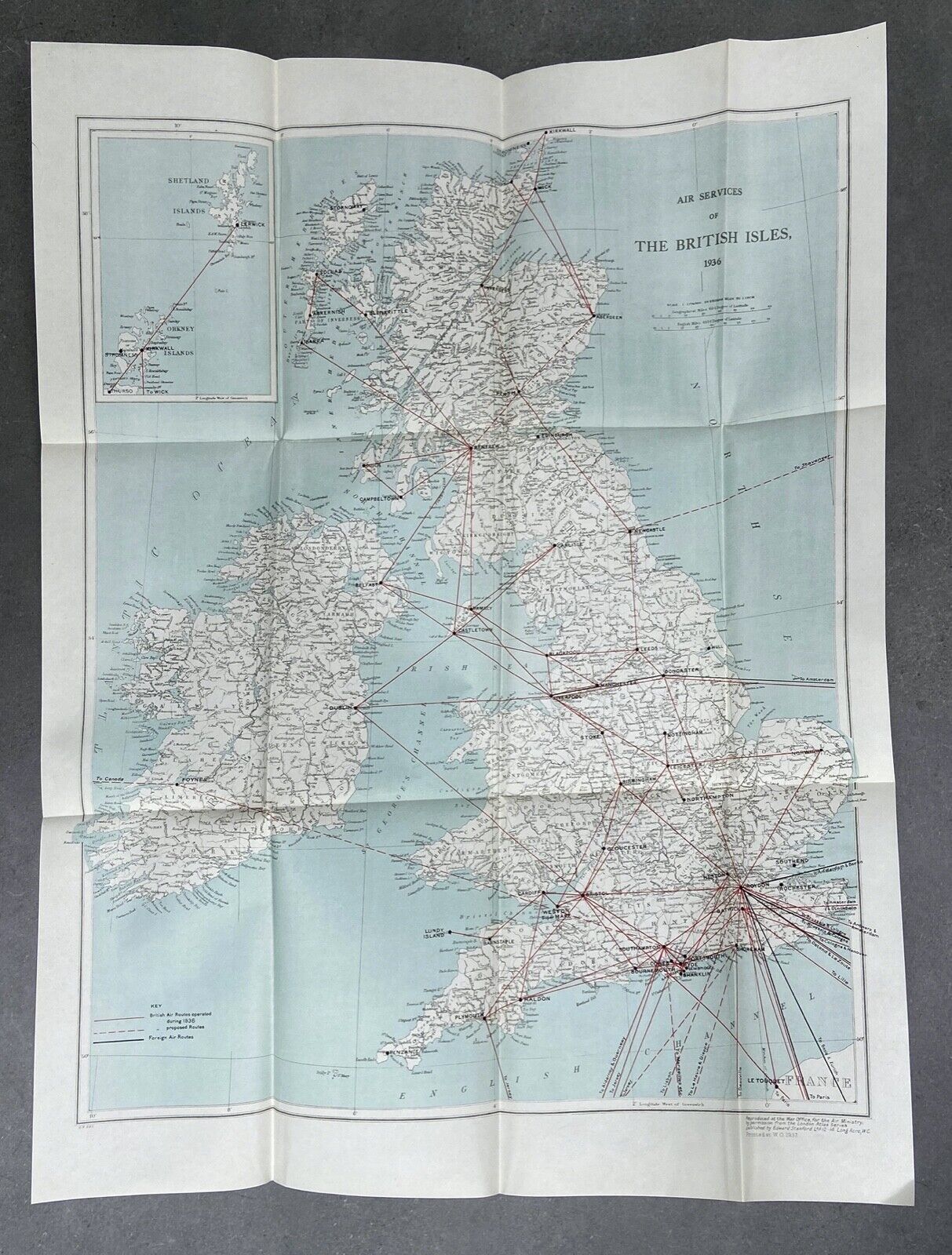 AIR SERVICES OF THE BRITISH ISLES 1936 LARGE VINTAGE AVIATION AIRLINE ROUTE MAP