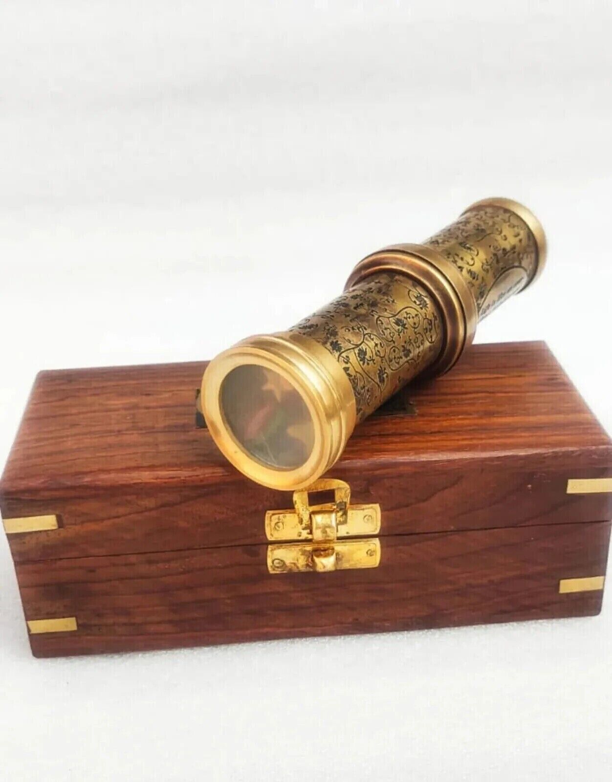 Vintage Style Brass Nautical Kaleidoscope Handle and Wooden Box