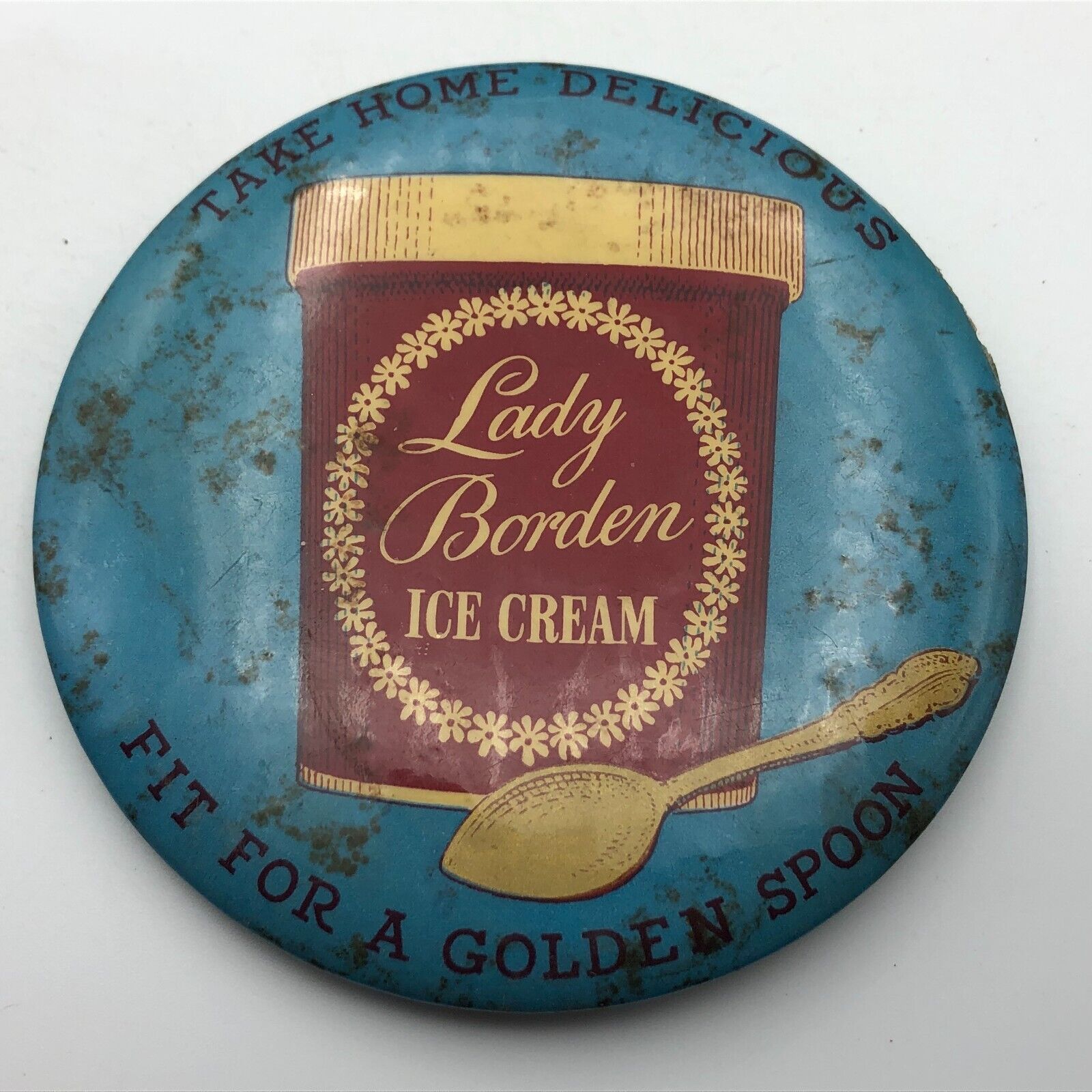 LADY BORDEN Ice Cream Pinback Advertising Badge Button Pin As Is Vintage 3.5\