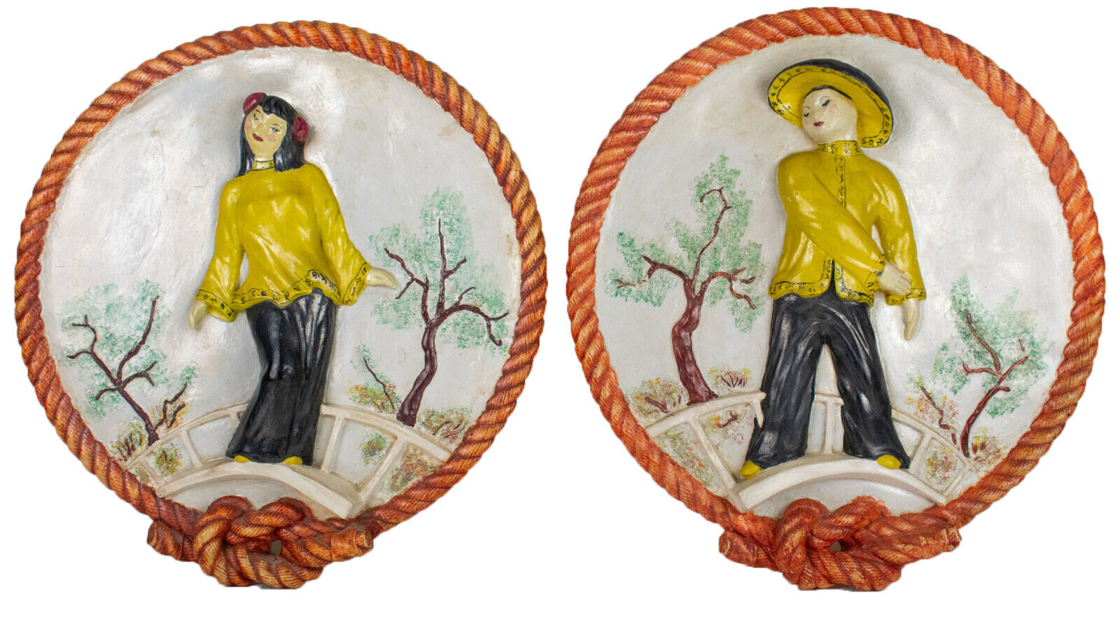 Pair of 1950's Asian 3D Pictorial Wall Art, Round Figural Plaster Plaque, Rope