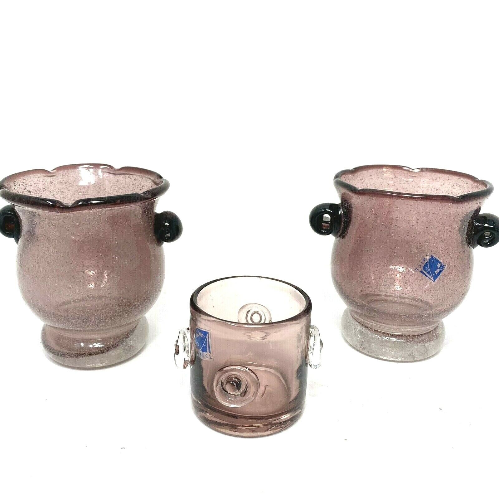 Amici Art Glass Candle Holder Set Votive Tea Light Handmade Purple Plum Bubble 