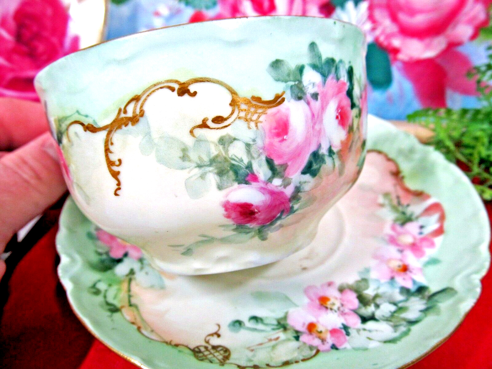 Haviland Limoges Tea cup & saucer painted pink blossom flowers France teacup