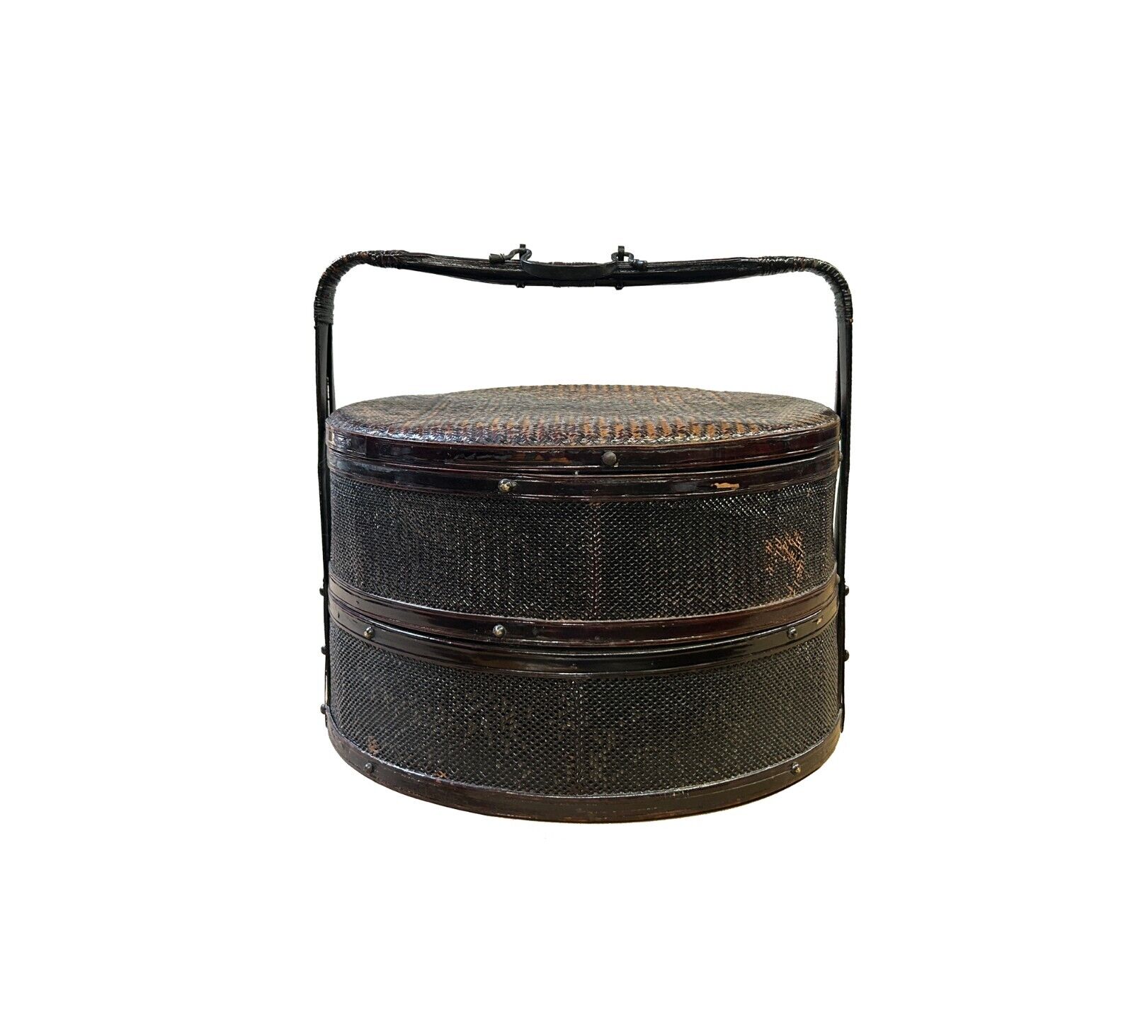 Large Vintage Oriental Handmade Brown Rattan Stack Basket with Handle ws3839