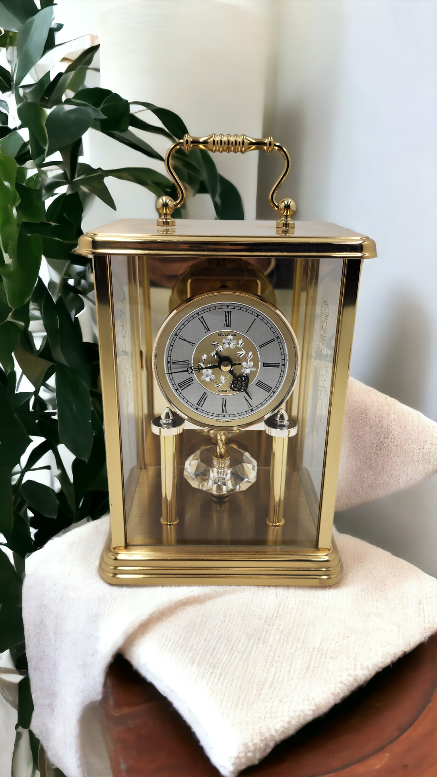 Rare Vintage Bulova Germany Brass Anniversary Gold Color Carriage Quartz Clock