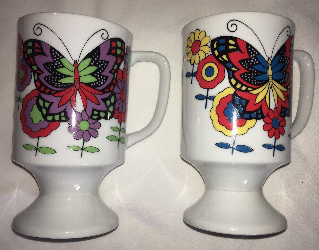 VTG Lot Of 2 Coffee Cup Mug Butterfly Psychedelic White Pedestal Japan 1970s