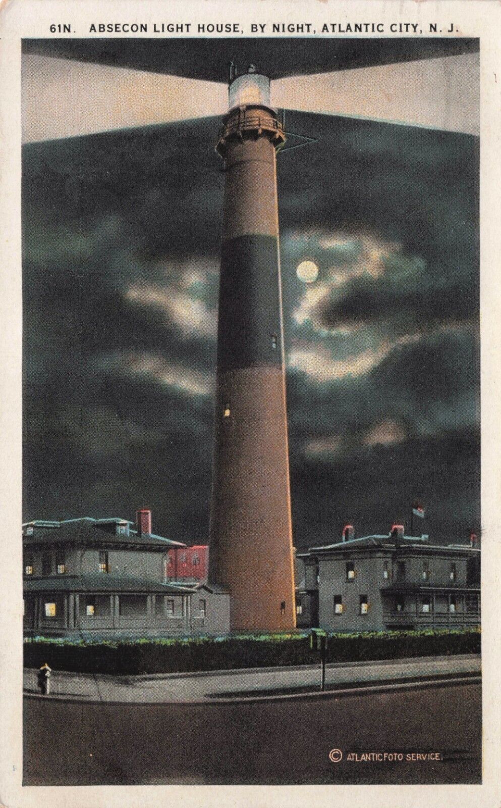 Atlantic City  NJ Absecon Lighthouse Night Curt Teich Vintage Postcard c 1920s
